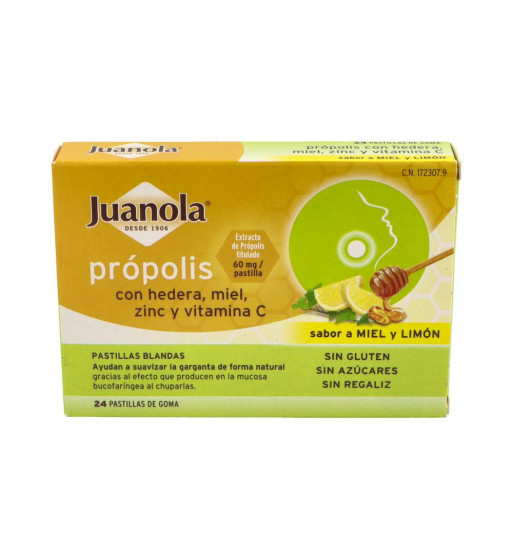 JUANOLA PROPOLIS MIEL HIEDRA ZINC Y VITAMINA C 24 PASTILLAS DE GOMA SABOR MIEL Y LIMON