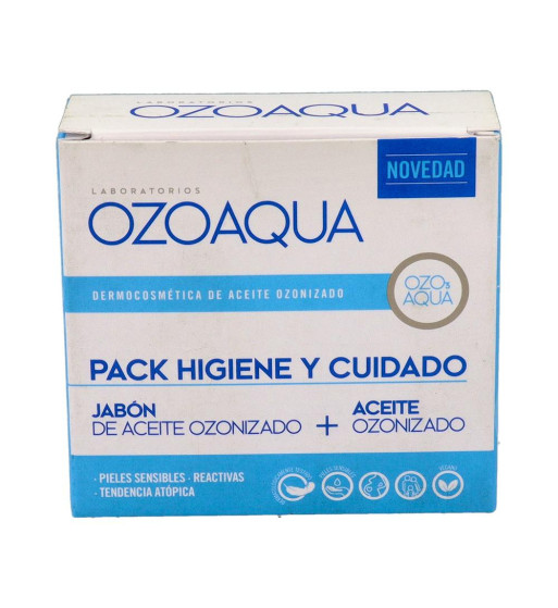 OZOAQUA PACK HIGIENE Y CUIDADO 1 ENVASE 15 ml ACEITE OZONIZADO 1 ENVASE 100 g JABON DE ACEITE OZONIZADO