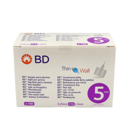 AGUJA PARA PLUMAS ESTERIL BD 100 UNIDADES 31 g 5 mm x 0,25 mm